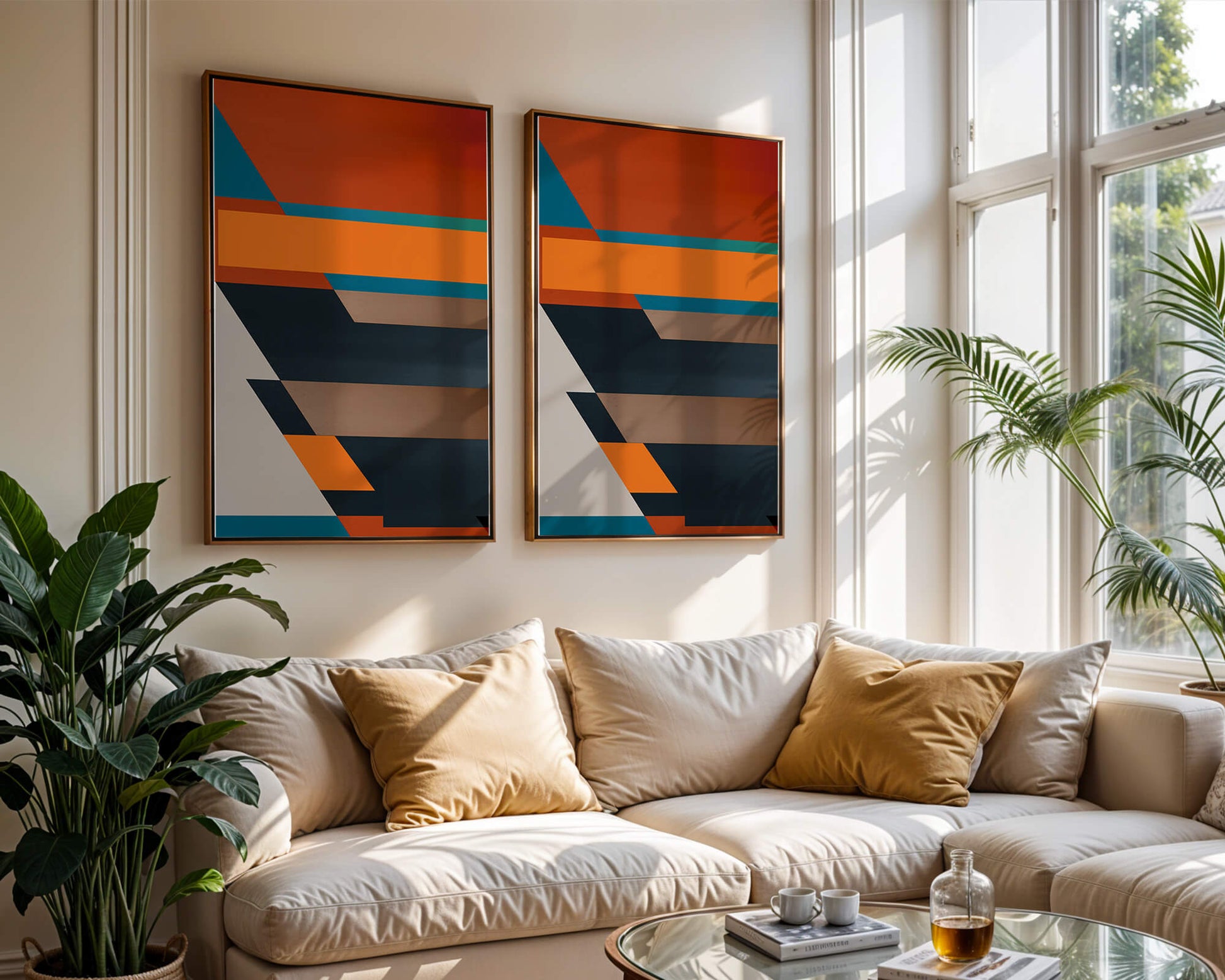 Arte abstracto geométrico con colores llamativos y formas dinámicas