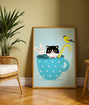 Playful illustration of cat, rabbit, and bird in a teacup