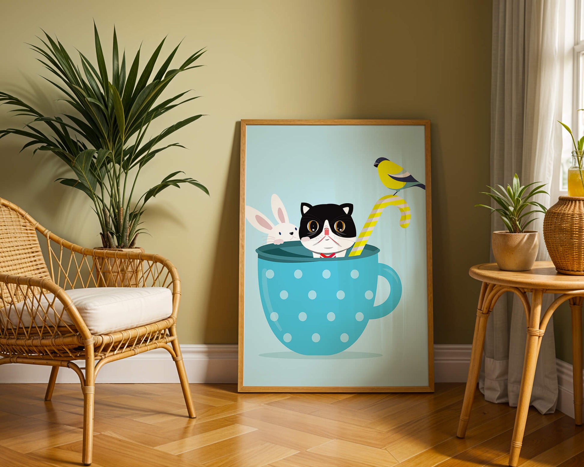 Ilustración lúdica de un gato, un conejo y un pájaro en una taza de té.