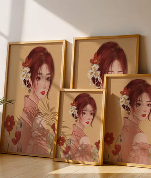 Portrait élégant d'une femme avec des ornements floraux et une expression douce