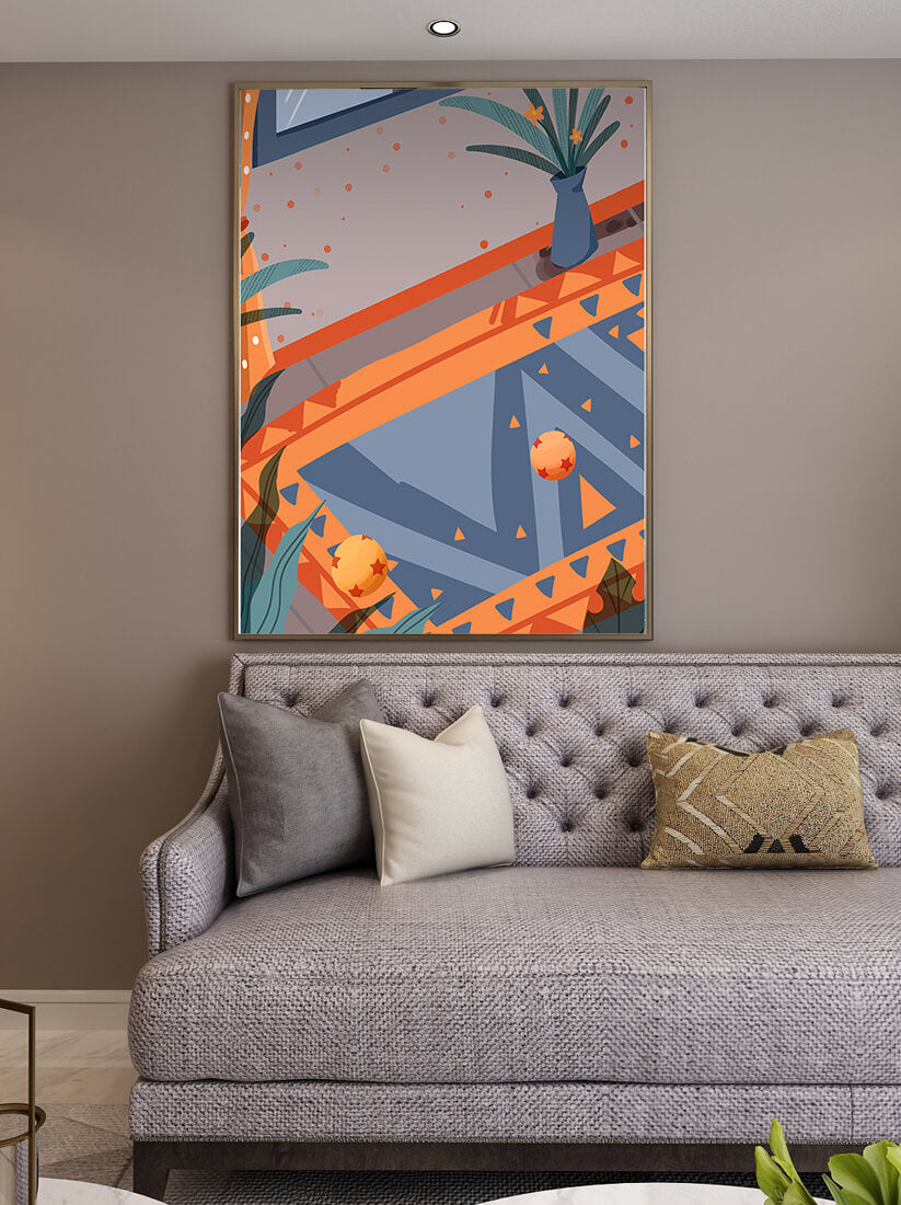 Modern interior with geometric patterns and vibrant colors