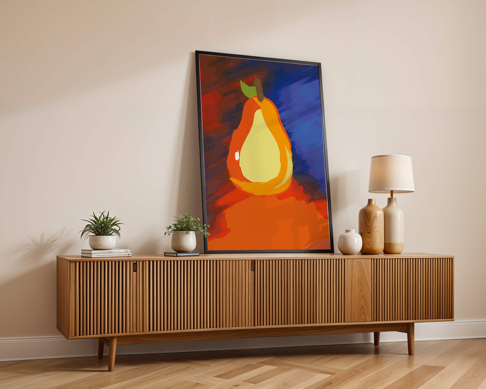 Pintura abstracta de una pera colorida sobre un fondo vibrante.