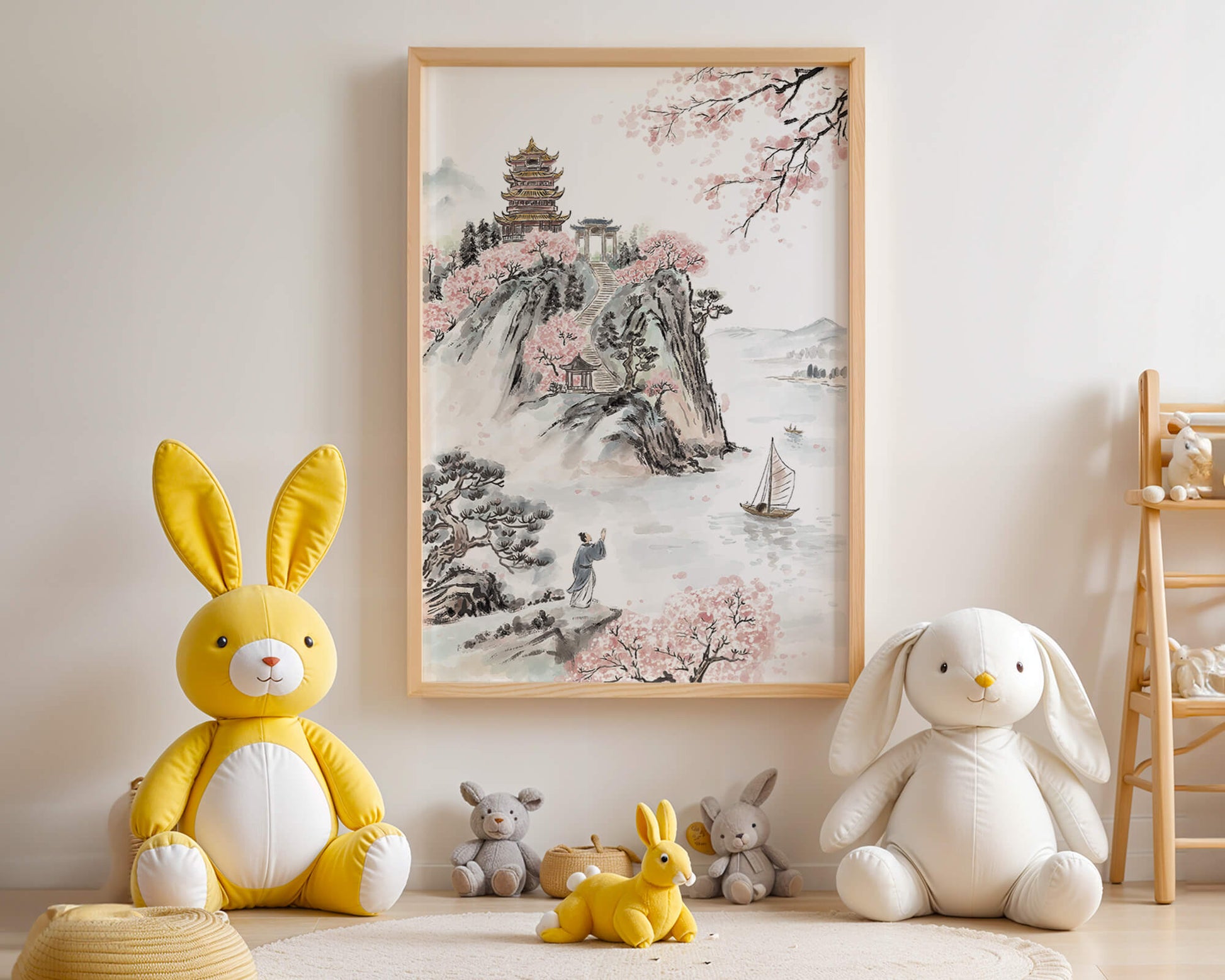 Tranquil Landscape with Cherry Blossoms and Traditional Pagoda