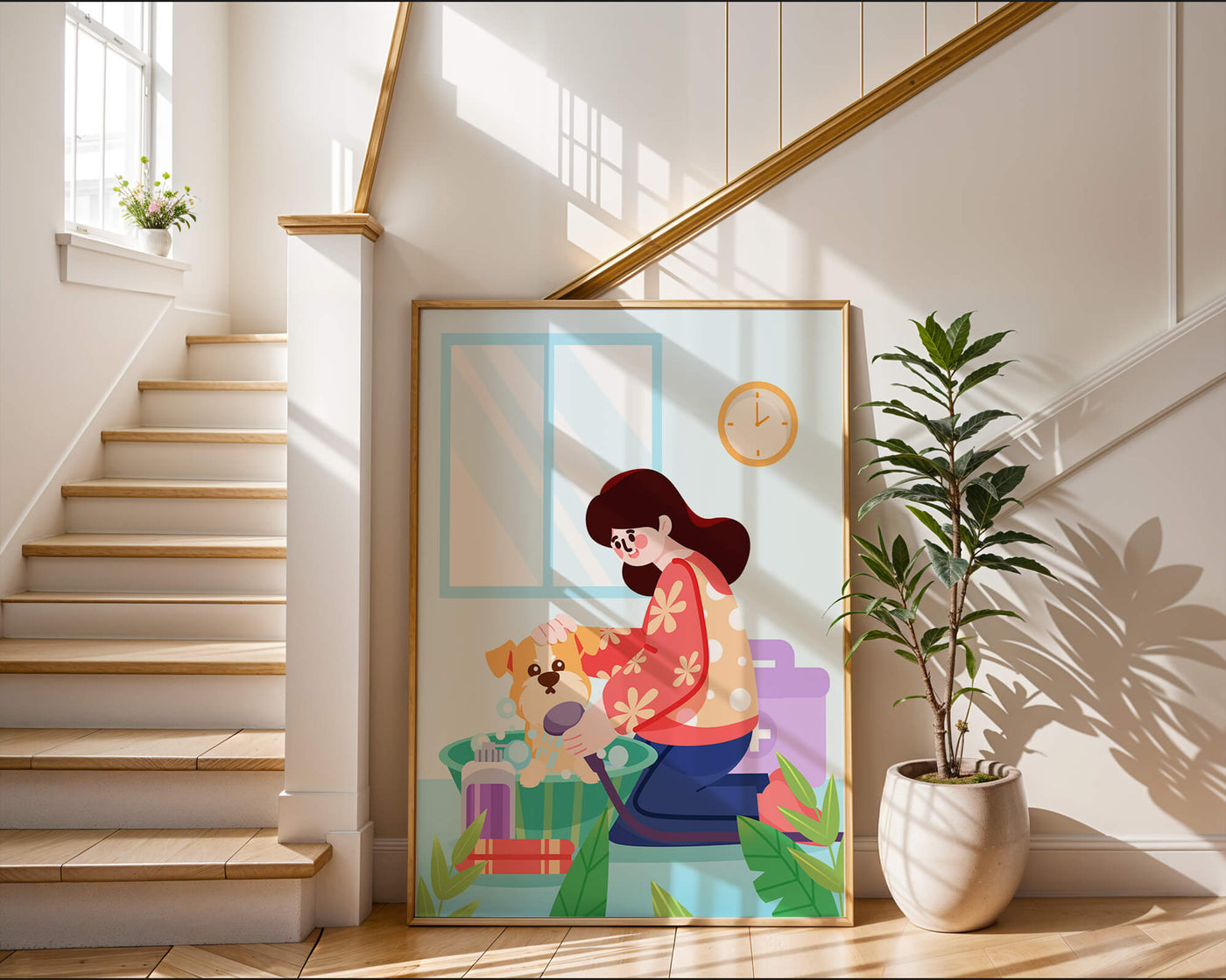 Woman giving a bath to a dog in a colorful bathroom setting