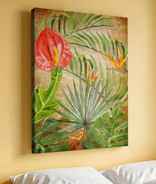 Colorful botanical illustration with tropical leaves on textured background