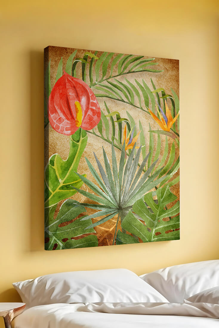 Colorful botanical illustration with tropical leaves on textured background
