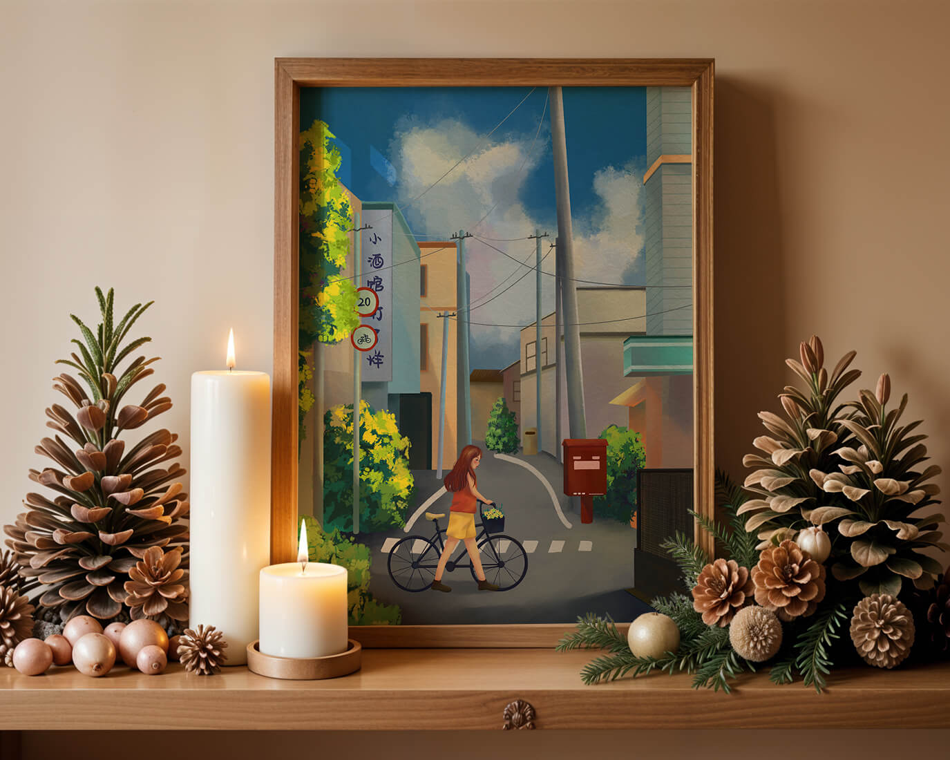 Young woman with bicycle in a quiet urban street