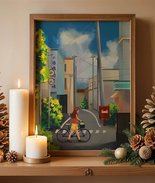 Young woman with bicycle in a quiet urban street