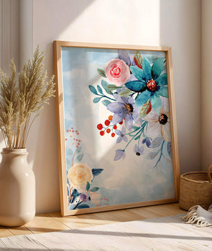 Watercolor floral illustration with vibrant flowers and leaves
