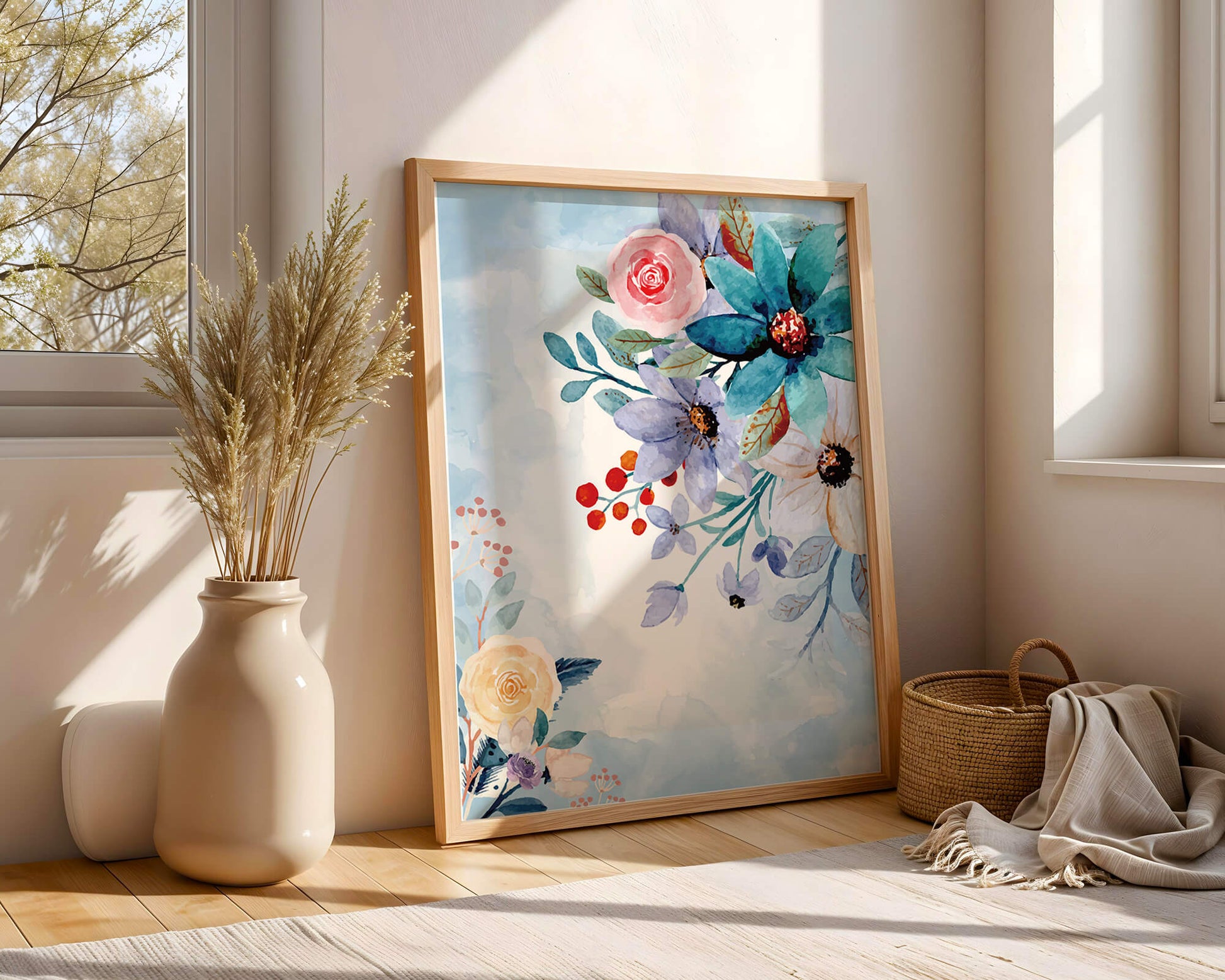 Ilustración floral acuarela con flores y hojas vibrantes