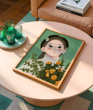 Illustration of a girl with flowers and a beret on a green background