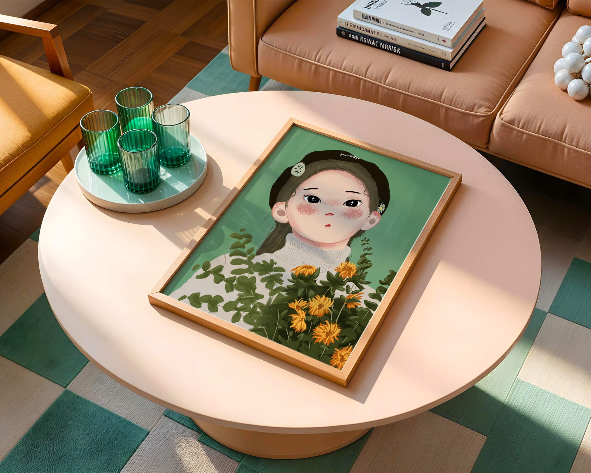 Illustration of a girl with flowers and a beret on a green background
