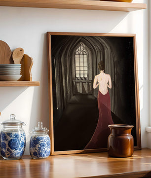 Elegant woman in a red dress inside a gothic hallway