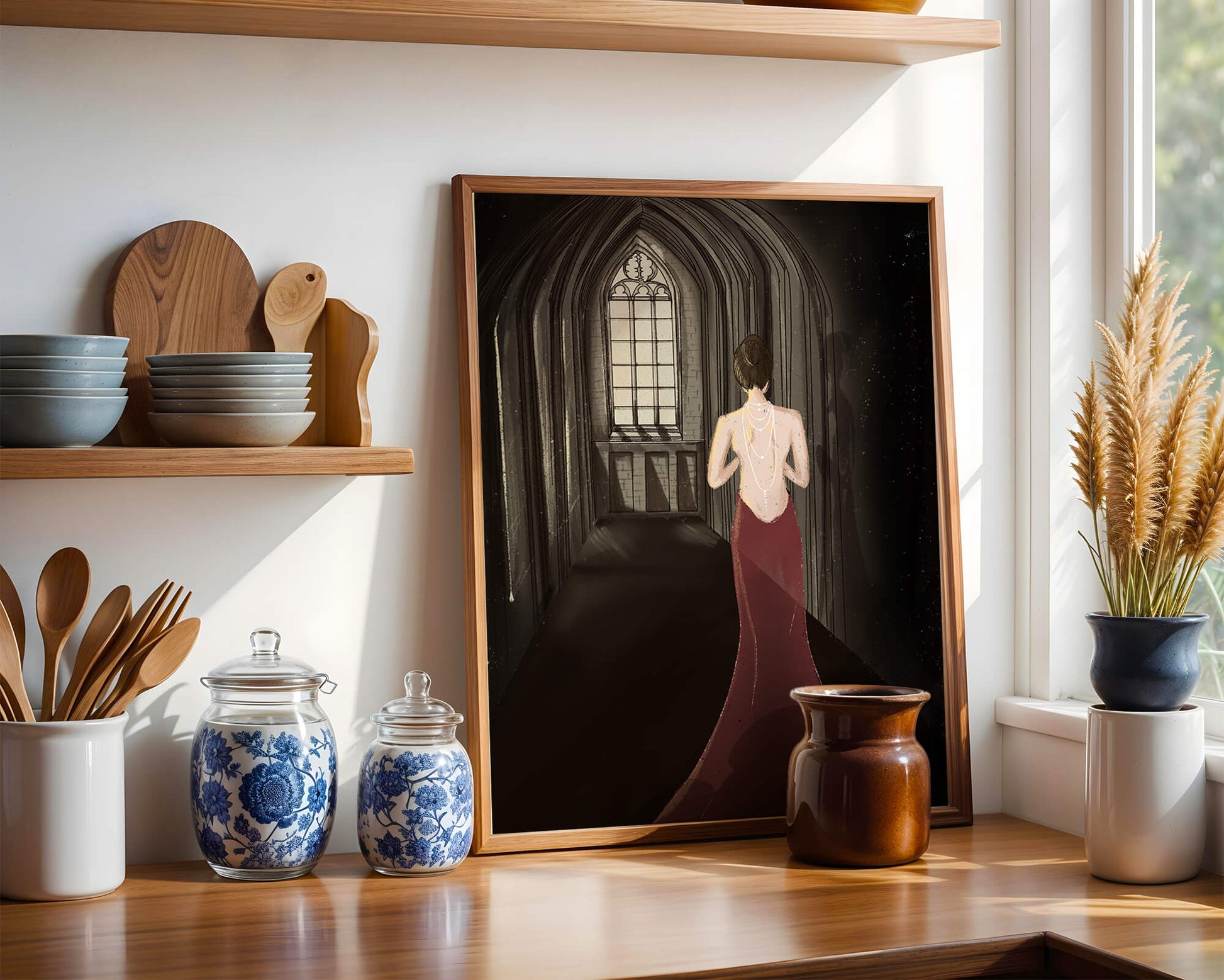 Elegant woman in a red dress inside a gothic hallway