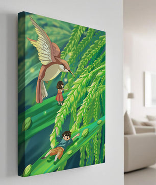 Aventure dans une jungle verdoyante avec des enfants et un oiseau