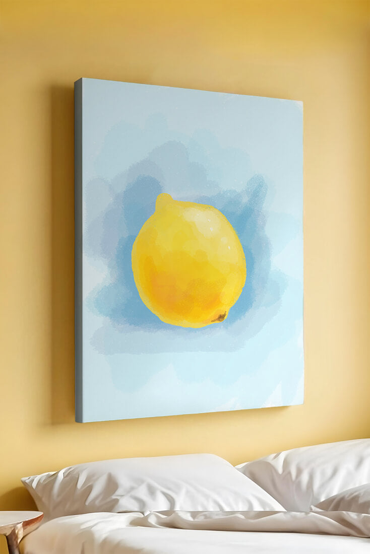 Watercolor artwork of a lemon on a blue background