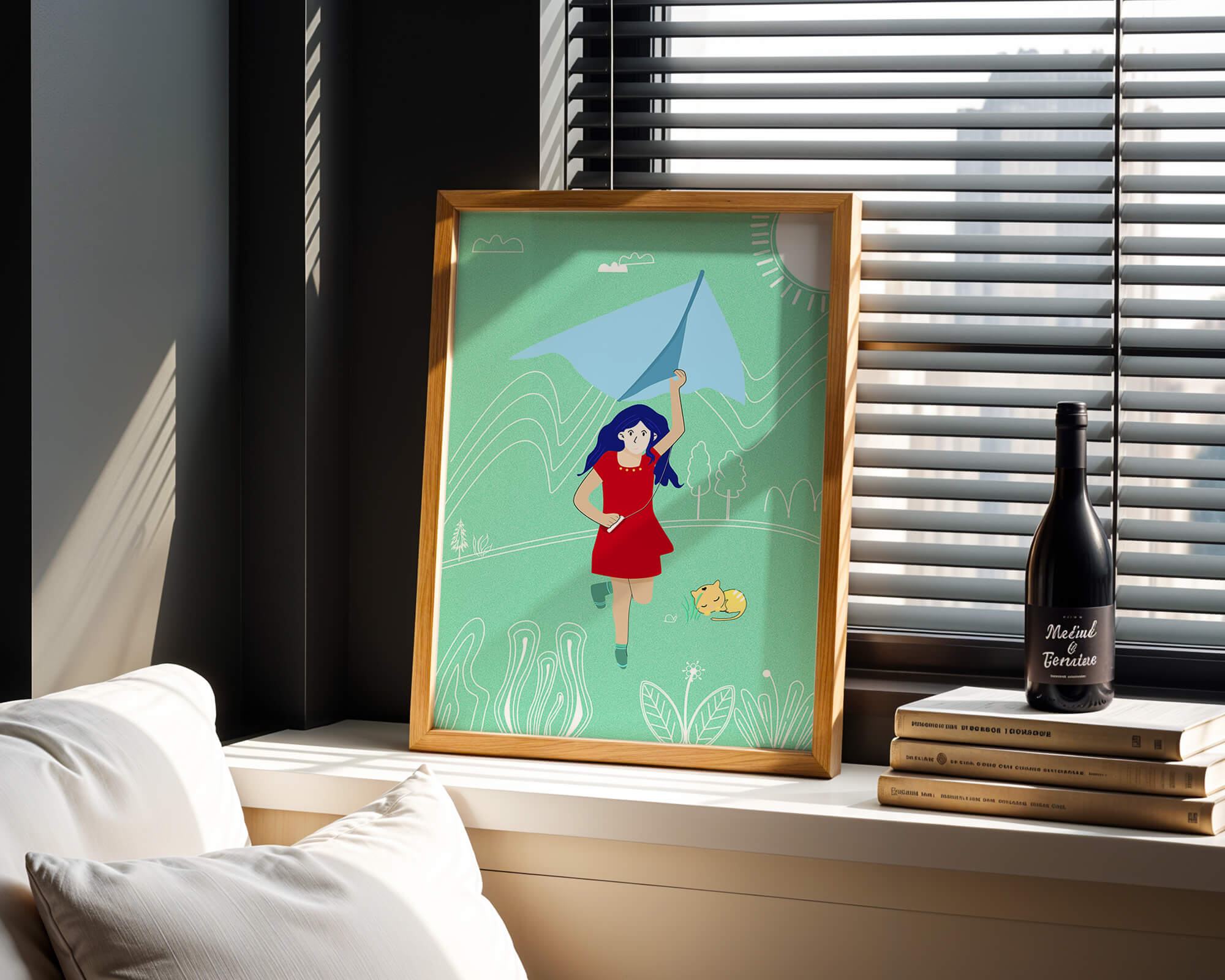 Illustration of a girl with a kite in a whimsical landscape