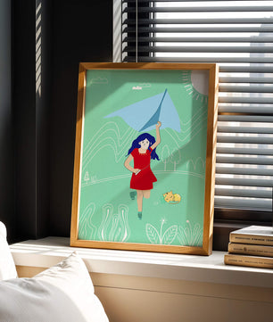Illustration d'une fille avec un cerf-volant dans un paysage fantaisiste