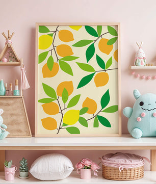Vibrant lemon pattern with colorful leaves and citrus fruits