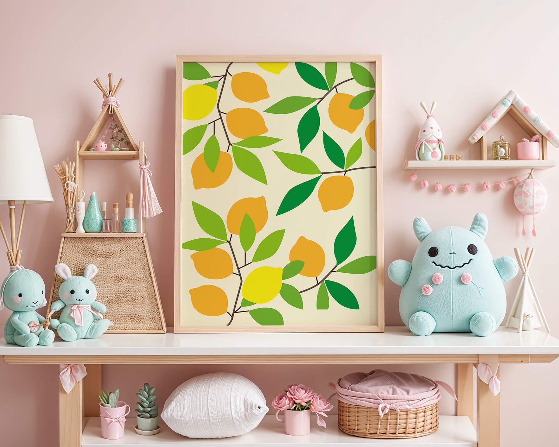 Vibrant lemon pattern with colorful leaves and citrus fruits