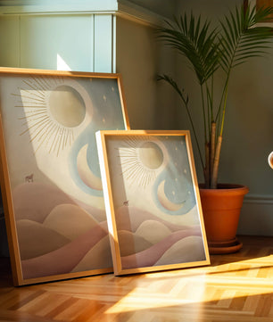 Minimalist landscape with sun, moon, and wolf in pastel hues