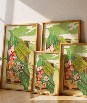 Traditional dumplings wrapped in leaves with ingredients on a vibrant background