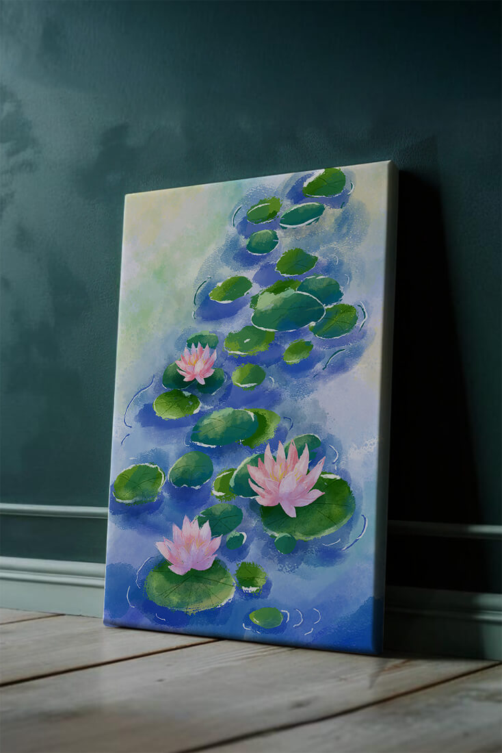Escena acuática serena con flores de loto rosadas y nenúfares sobre una superficie de agua tranquila.