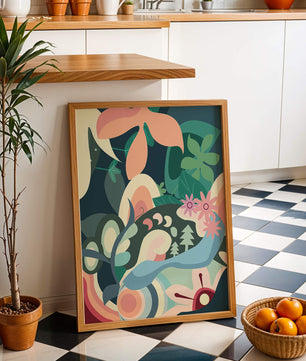 Abstract botanical artwork with vibrant colors and natural elements