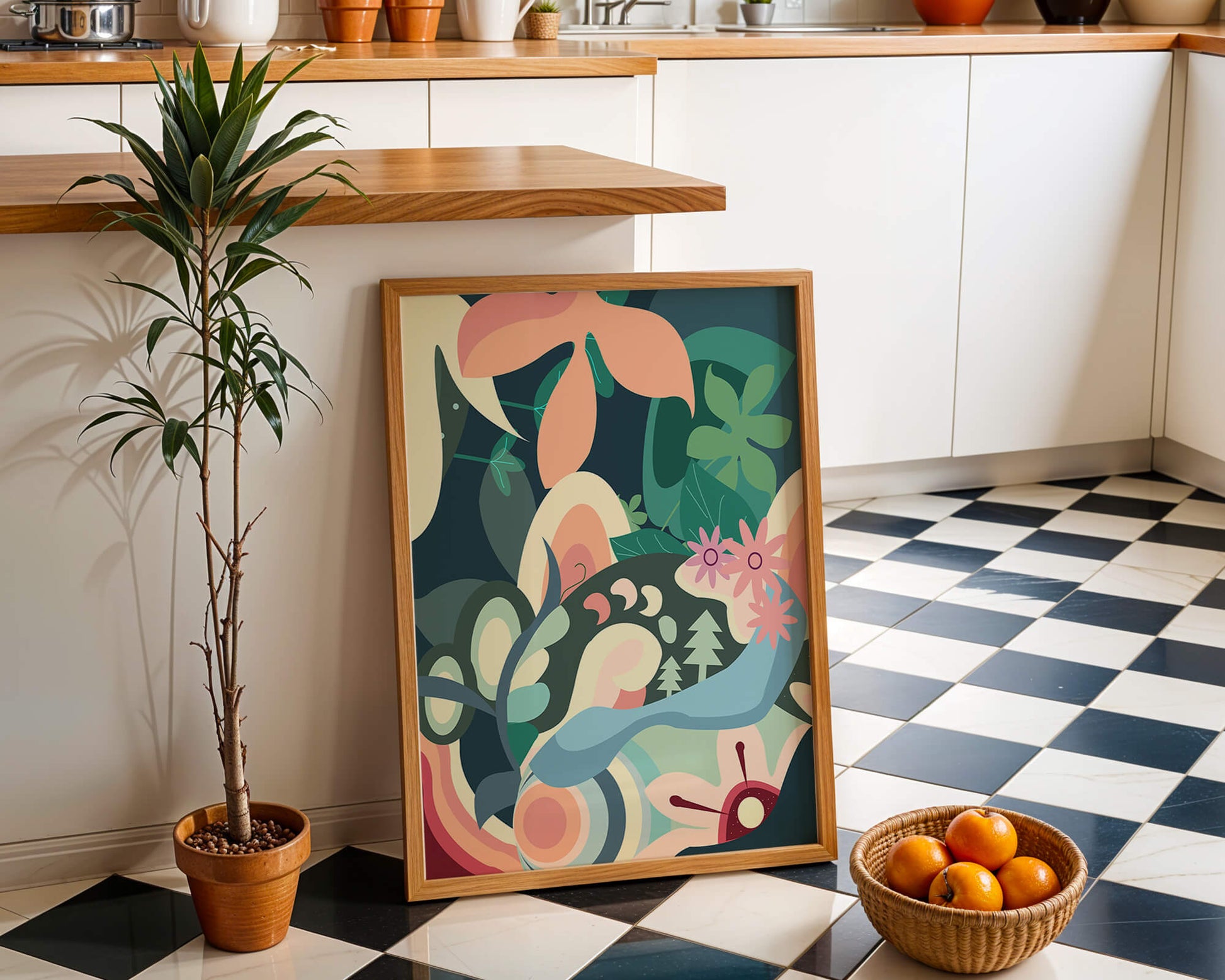 Abstract botanical artwork with vibrant colors and natural elements
