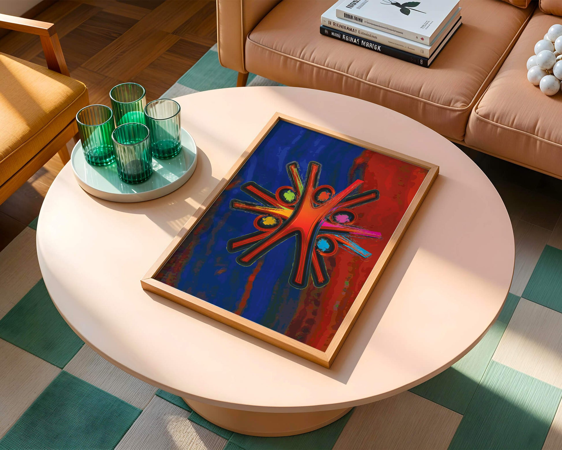 Abstract art with dynamic figures and vibrant colors