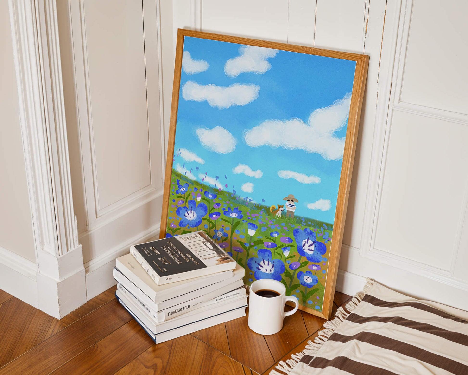 Man and dog in vibrant flower meadow under blue sky