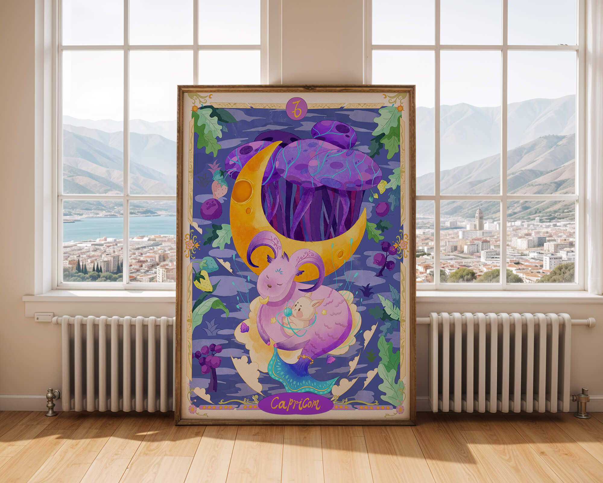 Colorful Capricorn zodiac illustration with fantasy elements