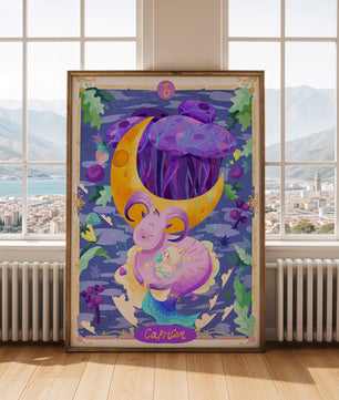 Colorful Capricorn zodiac illustration with fantasy elements