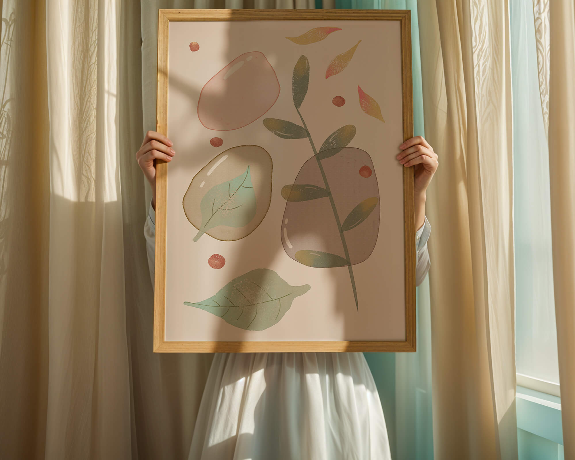 Abstract botanical illustration with pastel colored leaves and shapes