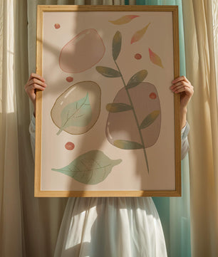 Abstract botanical illustration with pastel colored leaves and shapes