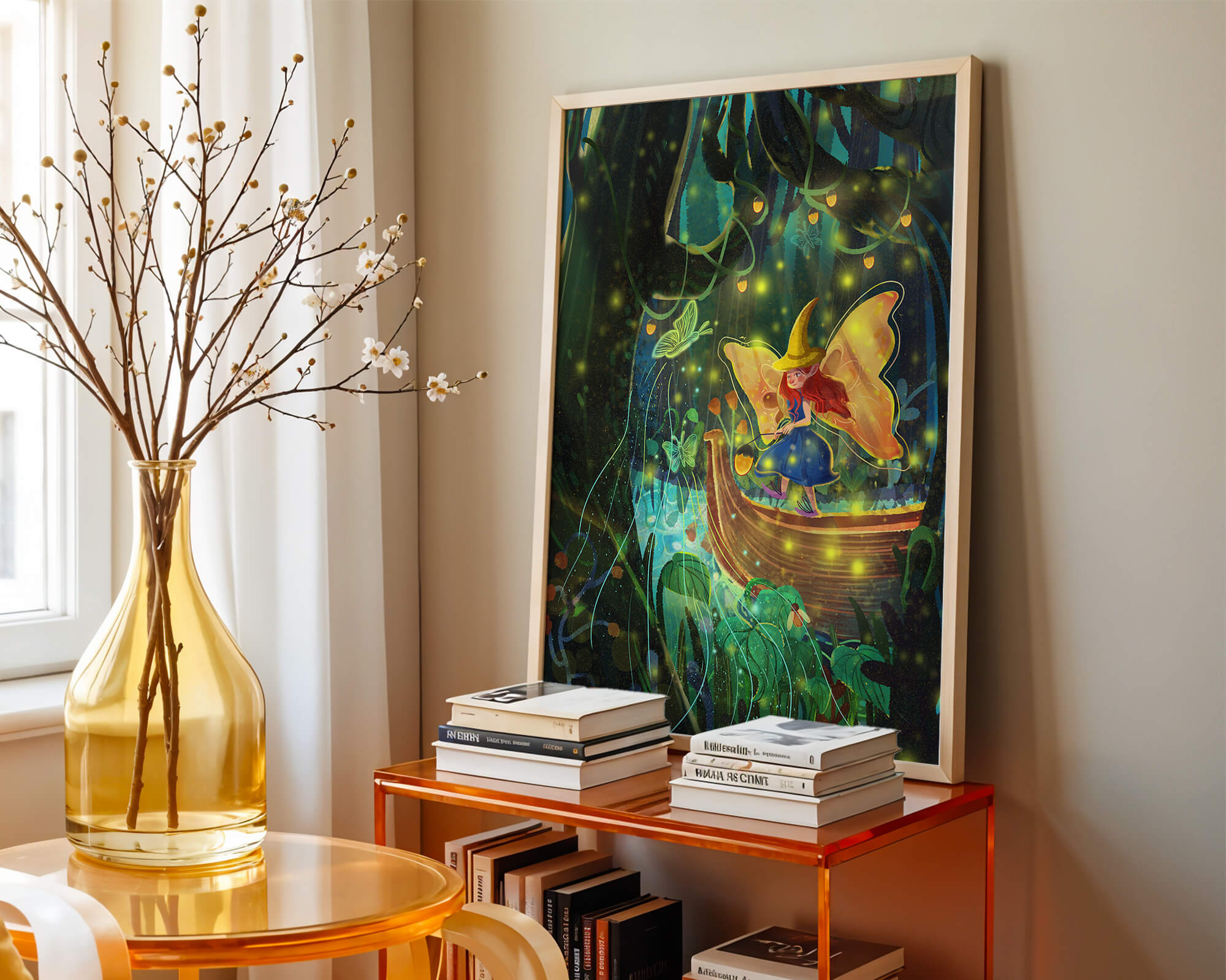 Fairy in an enchanted forest with glowing butterflies and lanterns