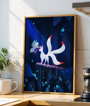 Enchanted forest with fairy and mystical creature under moonlit sky