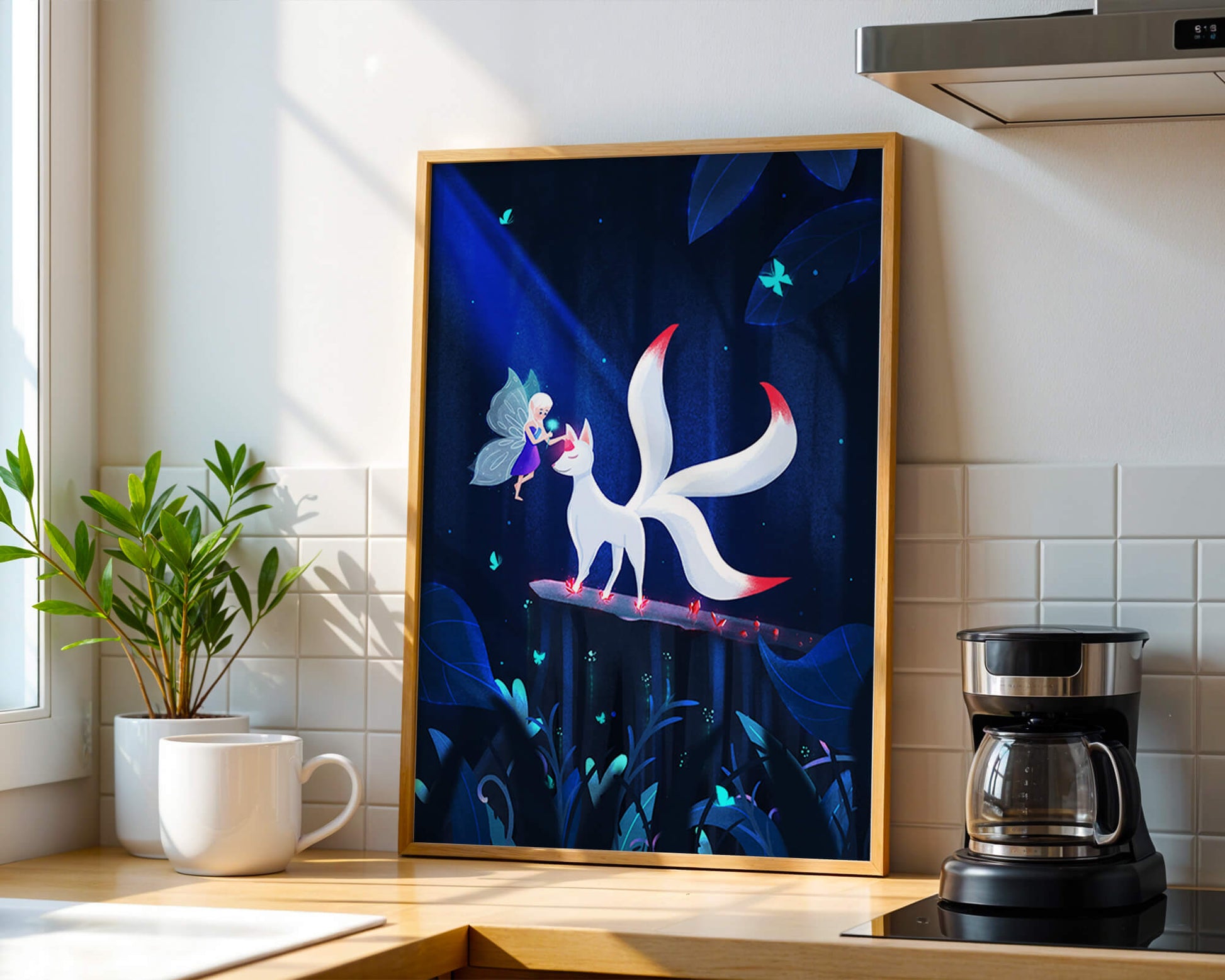 Enchanted forest with fairy and mystical creature under moonlit sky