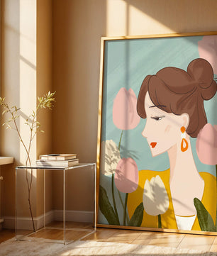 Illustration d'une femme avec des tulipes et des boucles d'oreilles élégantes