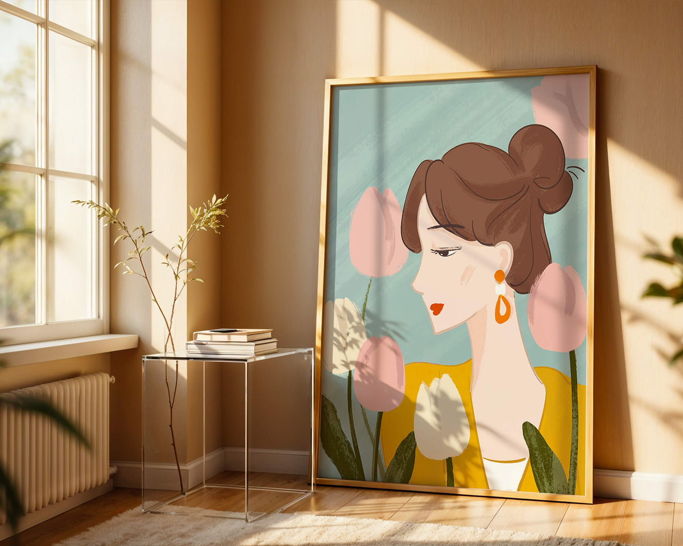 Illustration of a woman with tulips and elegant earrings