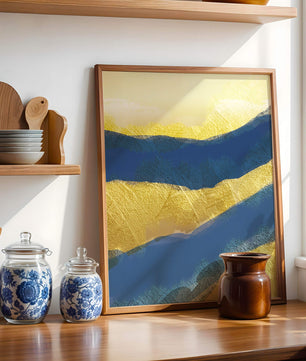 Paisaje abstracto con capas texturizadas en azul y amarillo