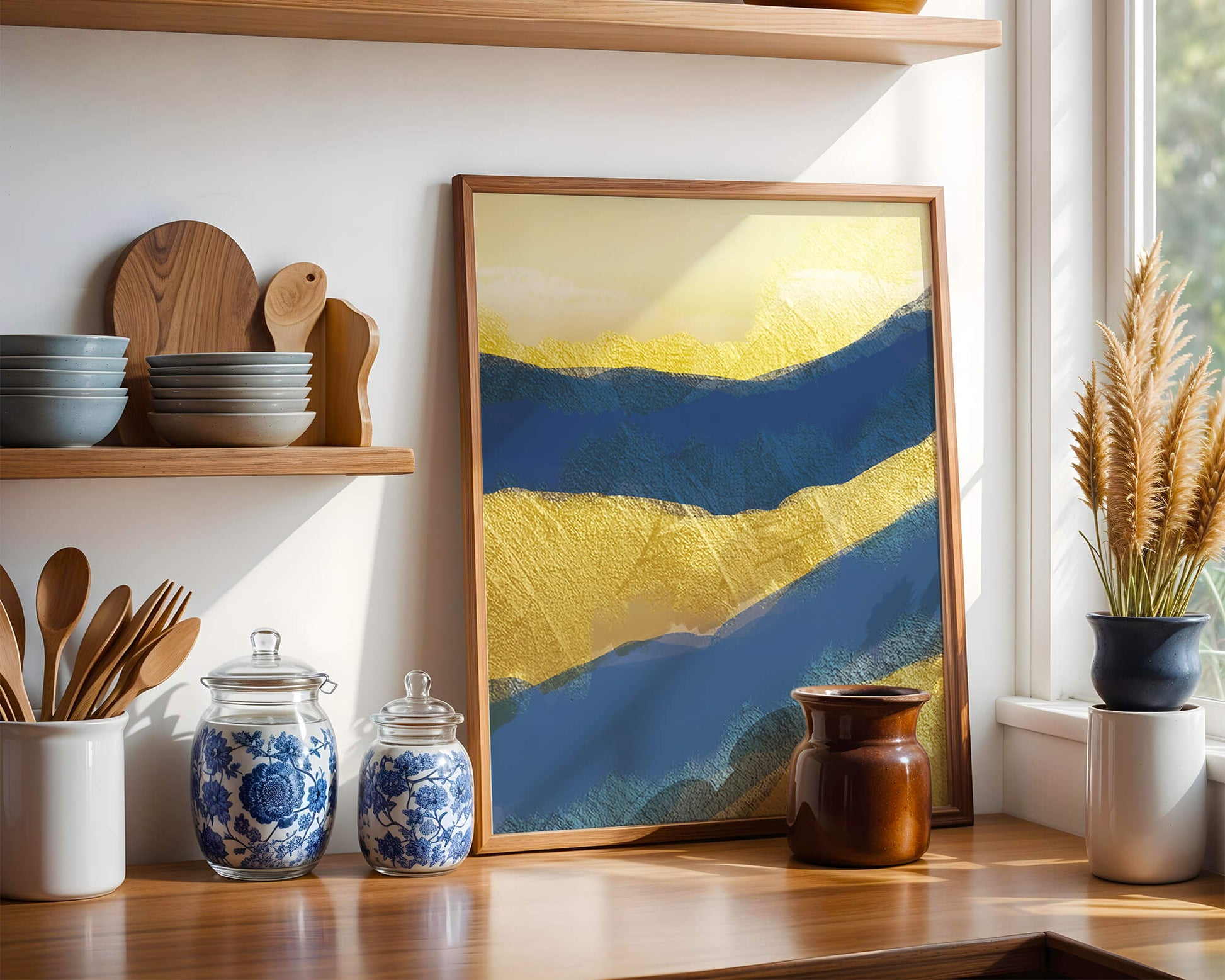 Abstract landscape with blue and yellow textured layers
