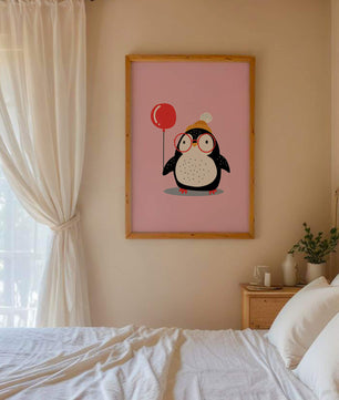 Ilustración adorable de un pingüino con globo y gafas