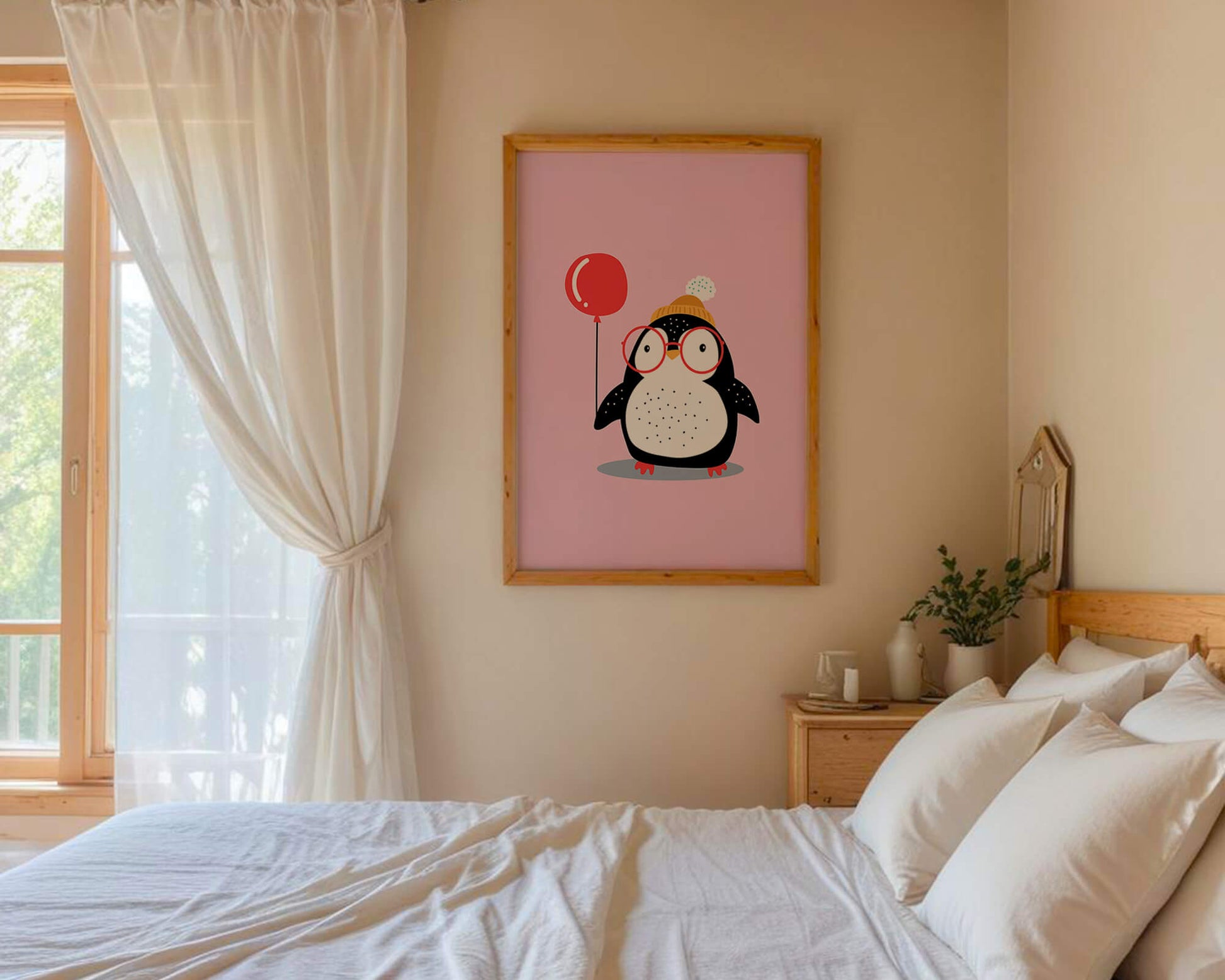 Adorable penguin with balloon and glasses illustration