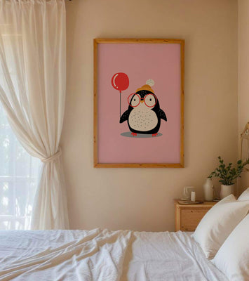 Adorable penguin with balloon and glasses illustration