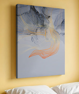 Elegantes abstraktes Design mit fließenden goldenen und orangefarbenen Linien auf blauem Hintergrund