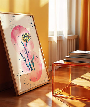 Abstract Floral Design with Pink Circles and Yellow Flower on White Background