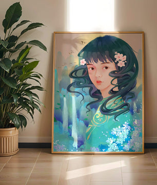 Retrato onírico de una niña con elementos florales y fondo natural