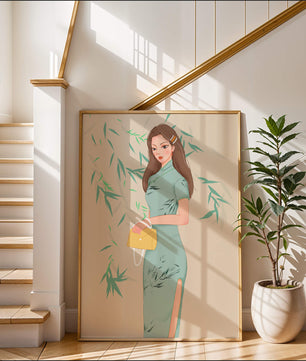 Elegant Woman in Traditional Dress Holding a Yellow Clutch with Bamboo Background