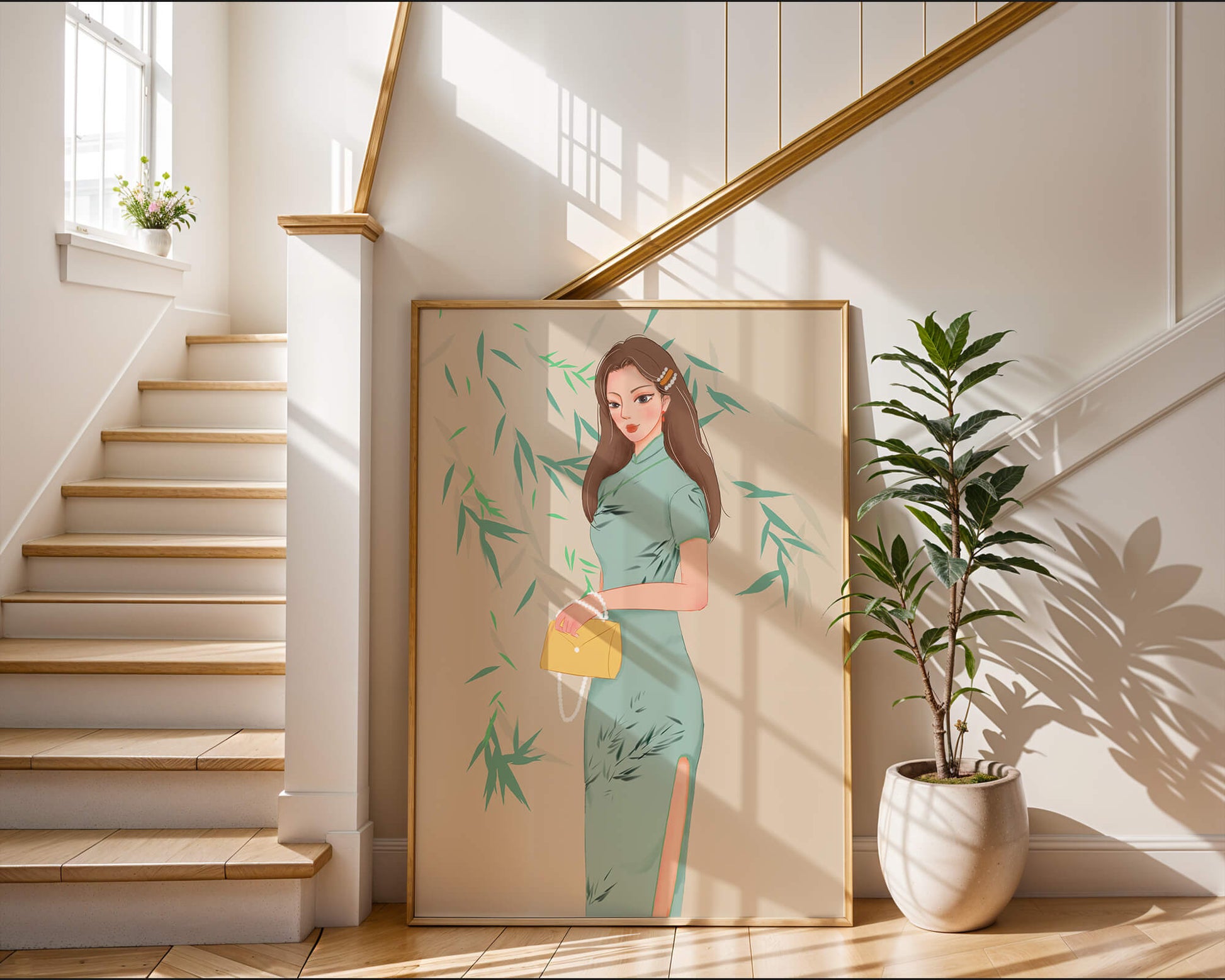 Mujer elegante con vestimenta tradicional sosteniendo un bolso amarillo con fondo de bambú